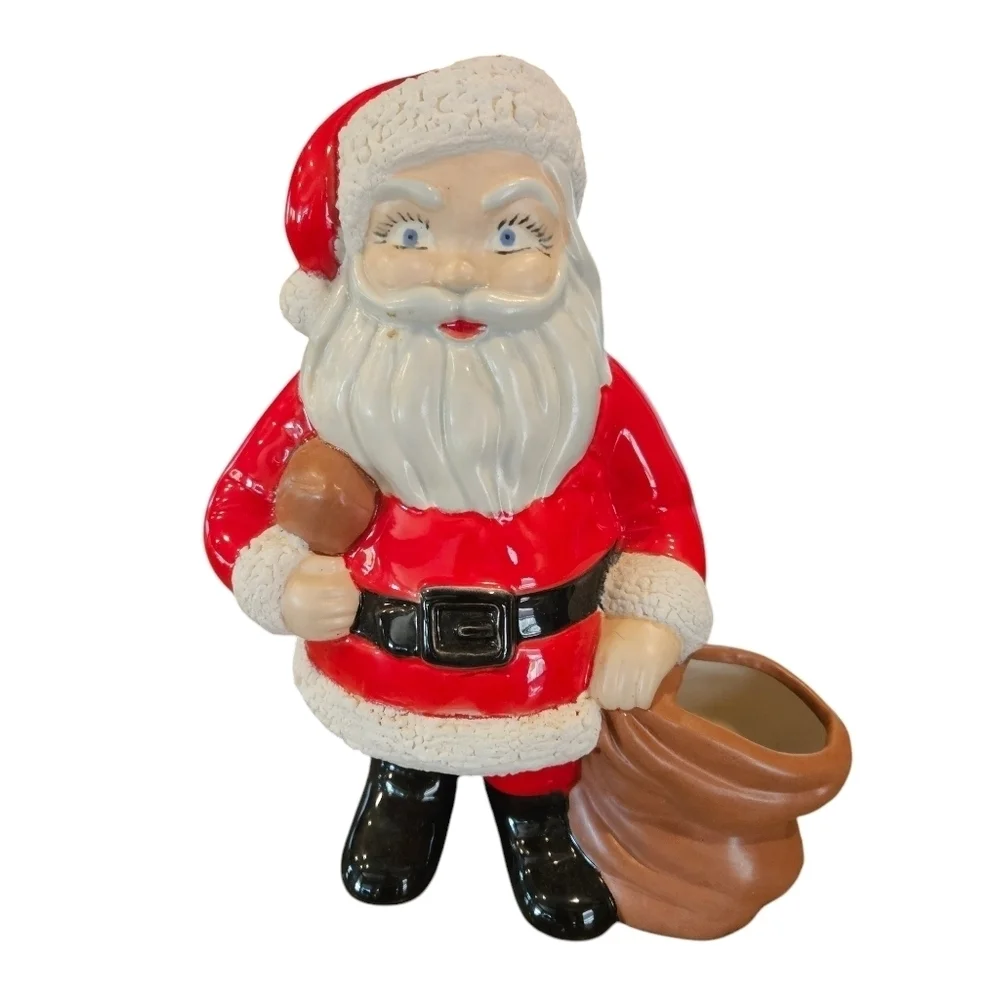 Vintage Christmas Santa Ceramic Planter W/Football & Bag 10